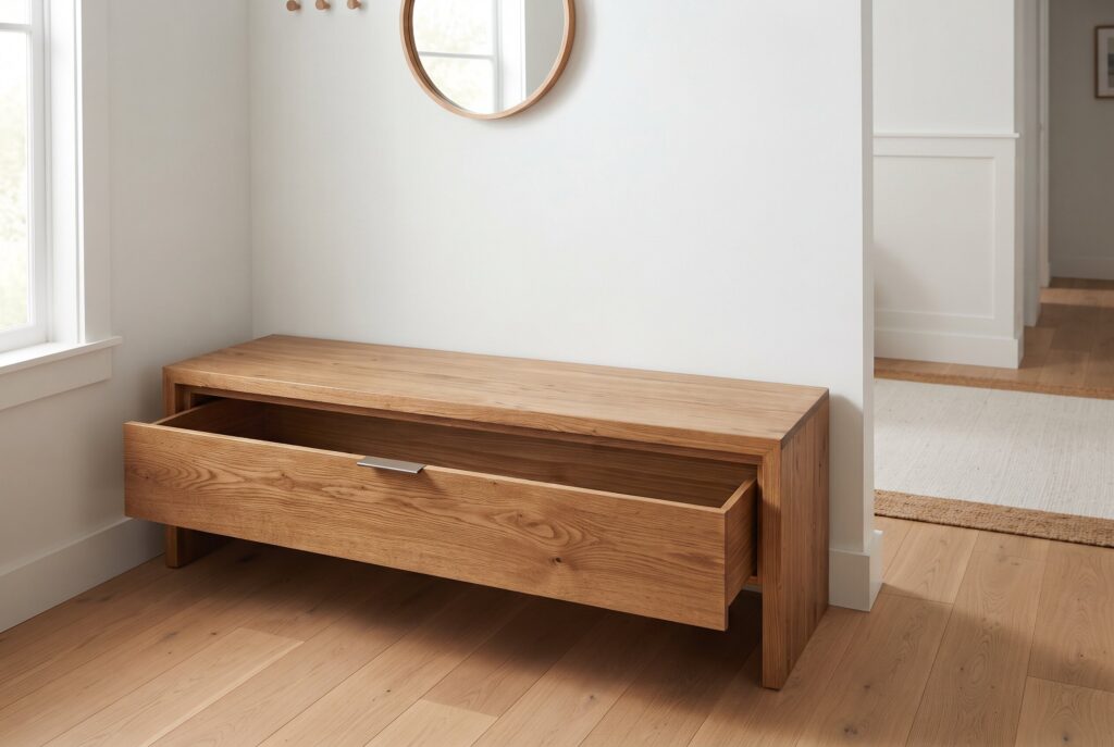A solid wood entryway bench with a large, smooth-gliding storage drawer underneath. 