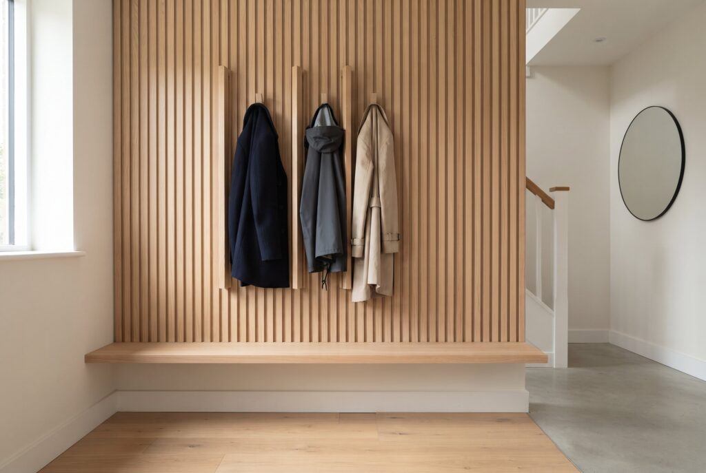 Vertical wood slat wall paneling with built-in, flip-out coat hooks over a bench. 