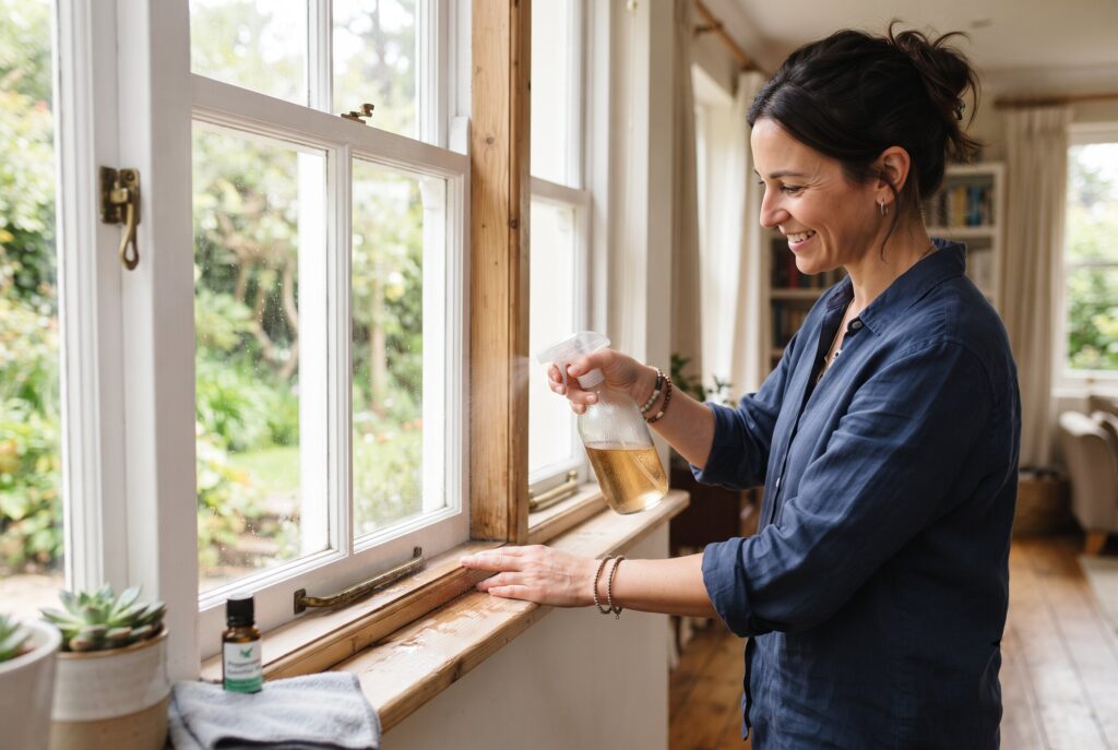 A woman spraying a solution from a spray bottle onto a wooden window frame in her home.