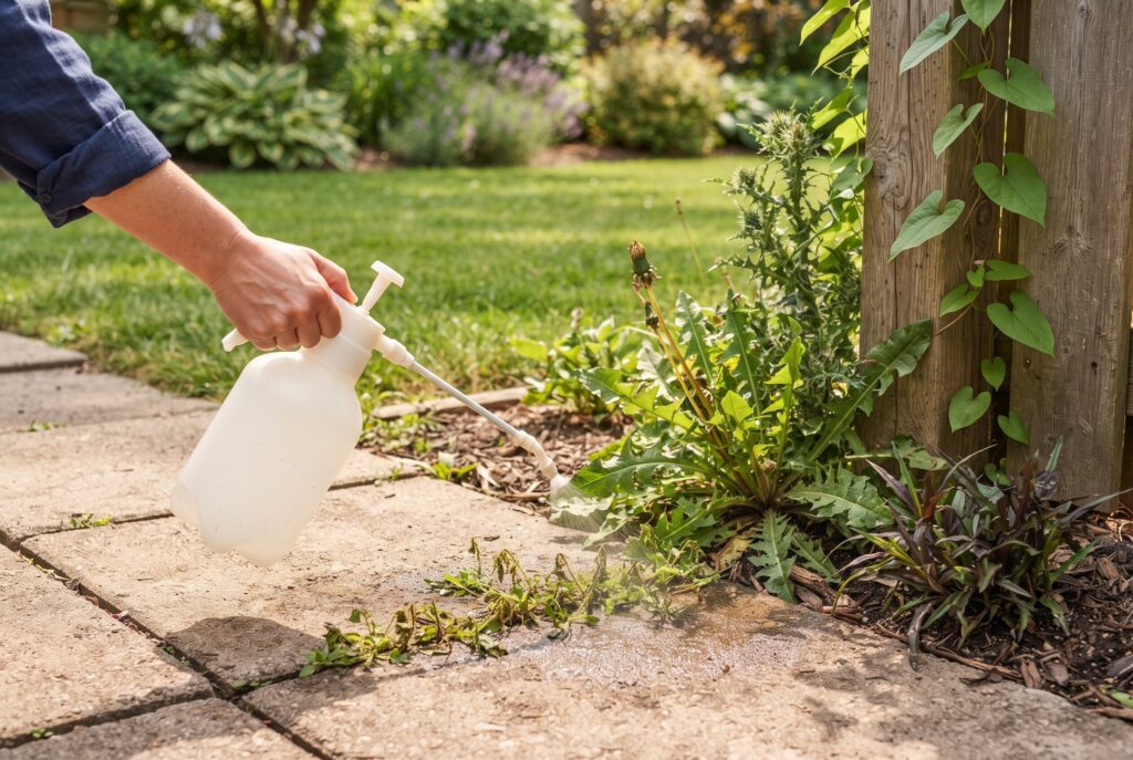 A hand sprays small weeds growing in patio pavers.