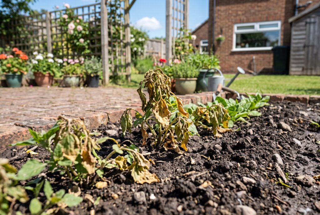 A close-up of weeds in a garden bed that have withered and browned after treatment.