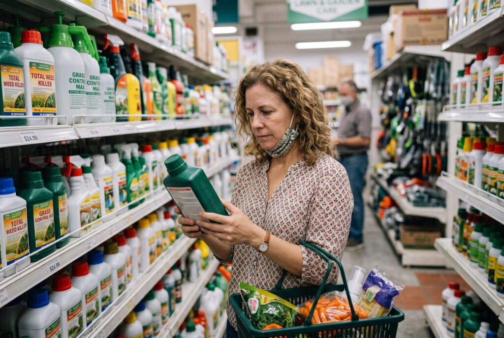 A woman in a store reading the label on a container of weed killer.