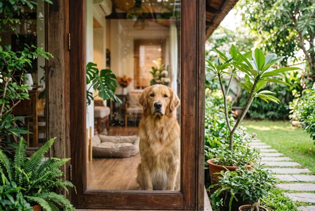 A golden retriever looking out from inside the house through a glass door at a garden.
