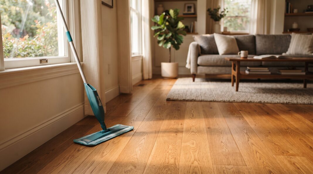 A microfiber mop leaning against a wall in a living room with hardwood floors.