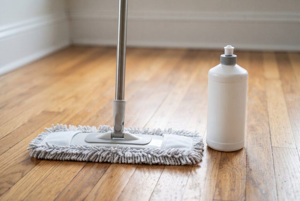 A microfiber mop and a bottle of hardwood floor cleaner sitting on a clean, finished wood floor.