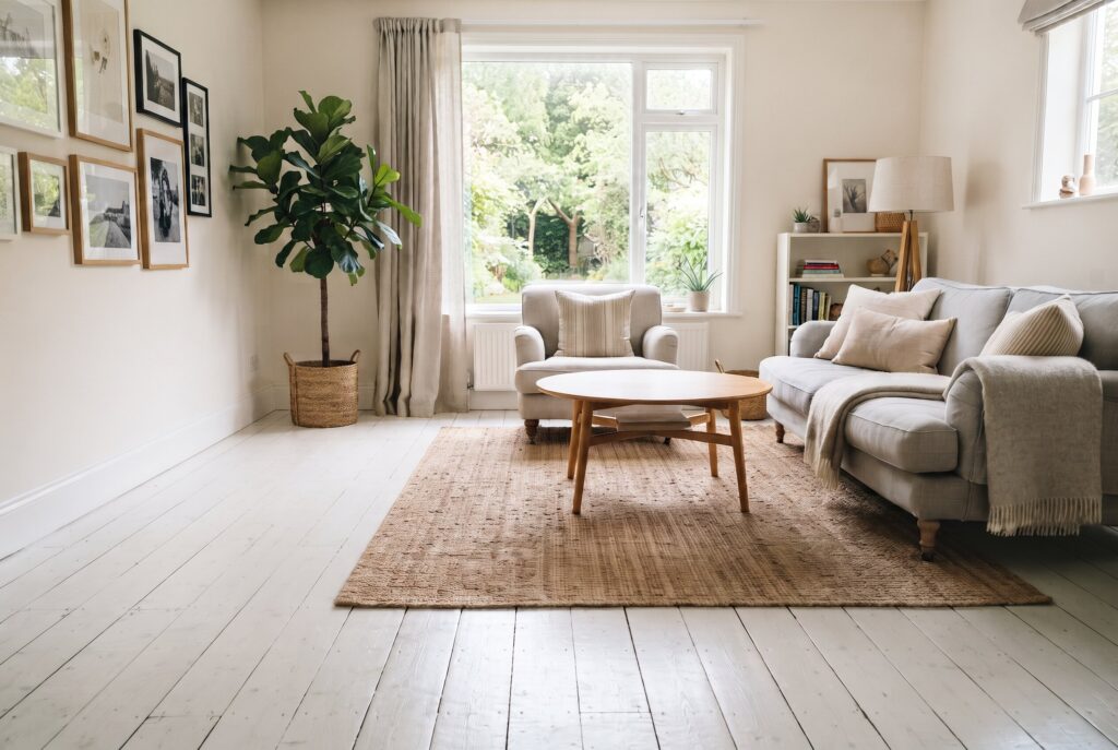 A bright, light-filled living room featuring white-toned hardwood floors, a couch, and a large area rug.