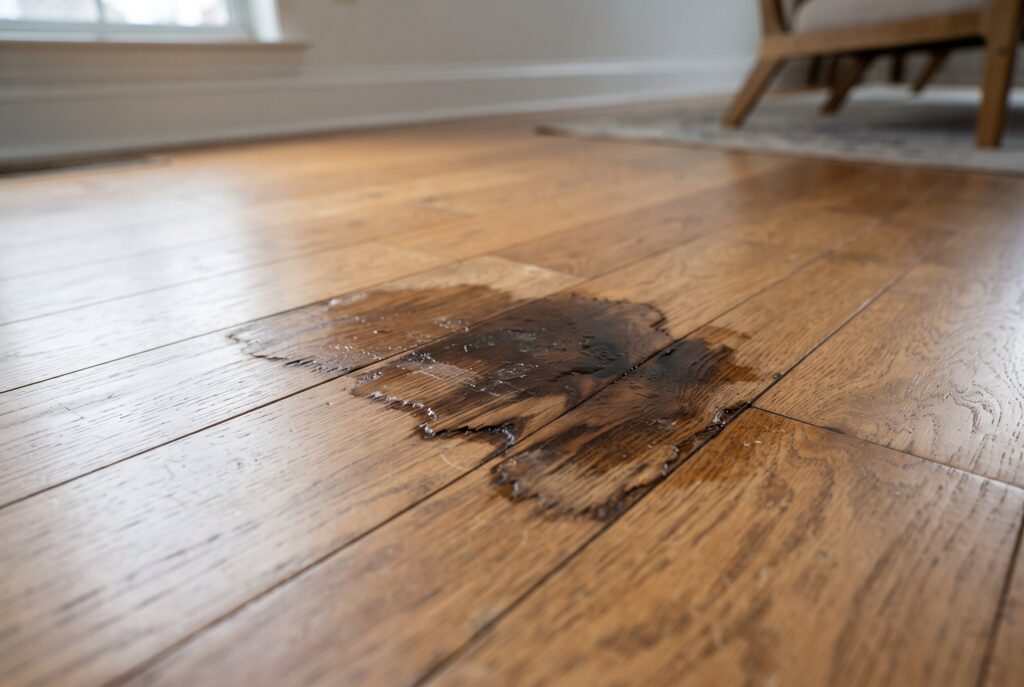 A large dark water stain on a wooden floor.