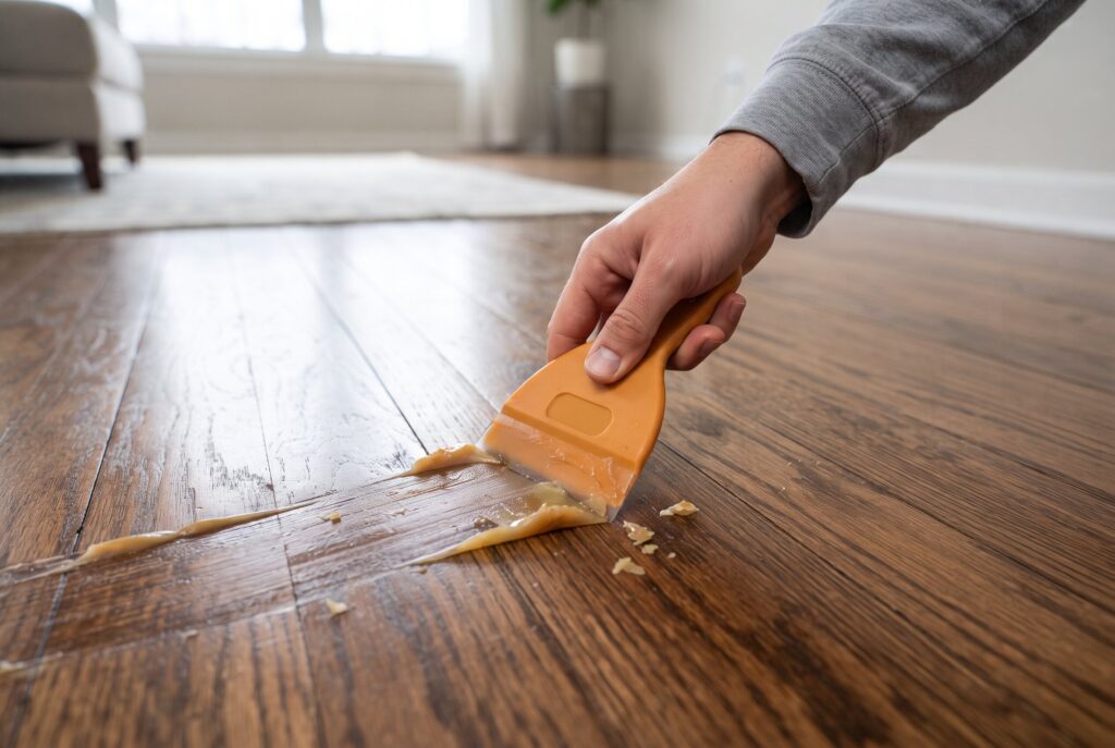 A hand using a plastic scraper to gently lift softened wax from the surface of a hardwood floor.