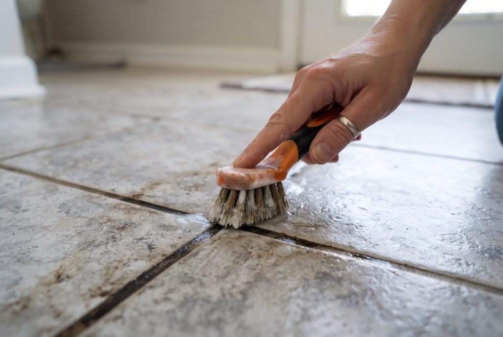 A person scrubbing a dark grout line on a tiled floor with a stiff-bristled handheld brush.