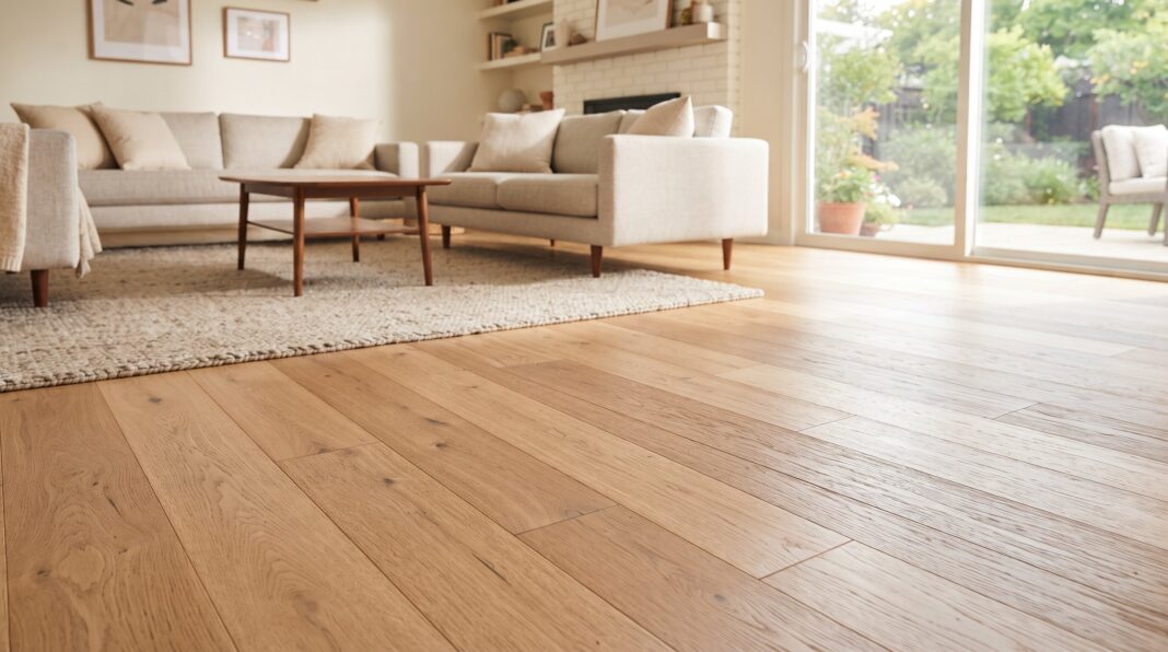 A clean, polished hardwood floor in a bright, modern living room with a couch and coffee table.
