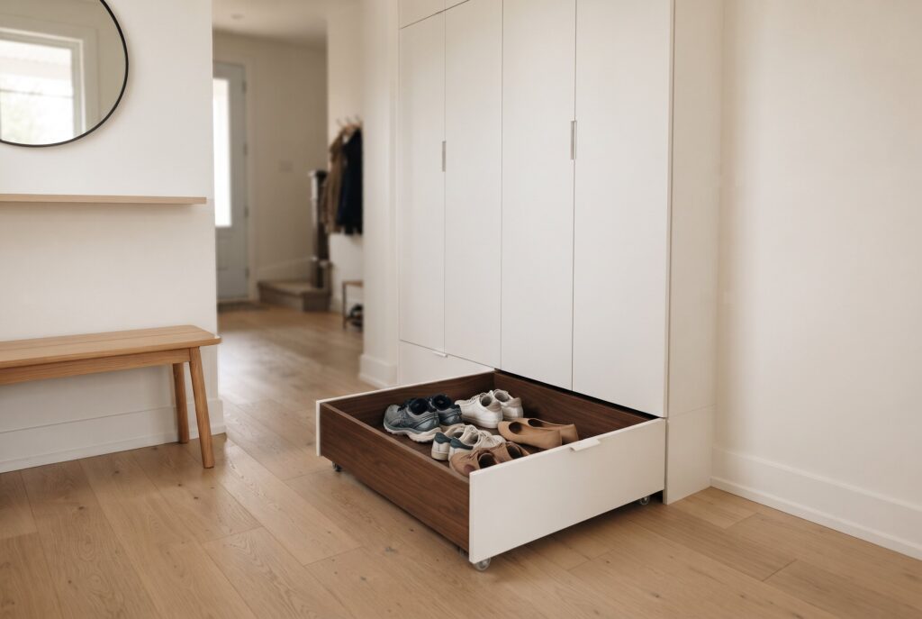 A large white floor-to-ceiling cabinet with a bottom pull-out shoe drawer open. 