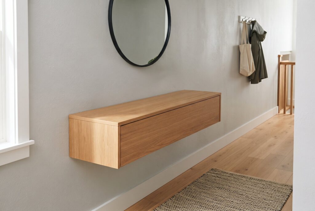 A light-wood floating drawer console mounted on a wall with a mirror above. 