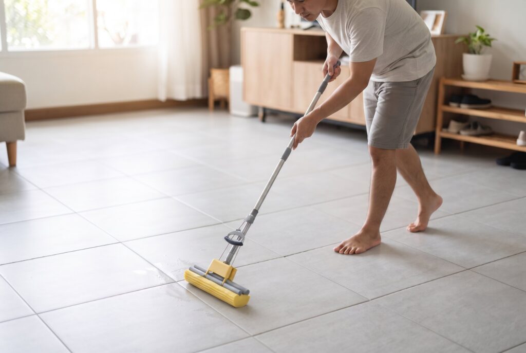 A flat sponge mop being used to clean a light gray tiled floor.