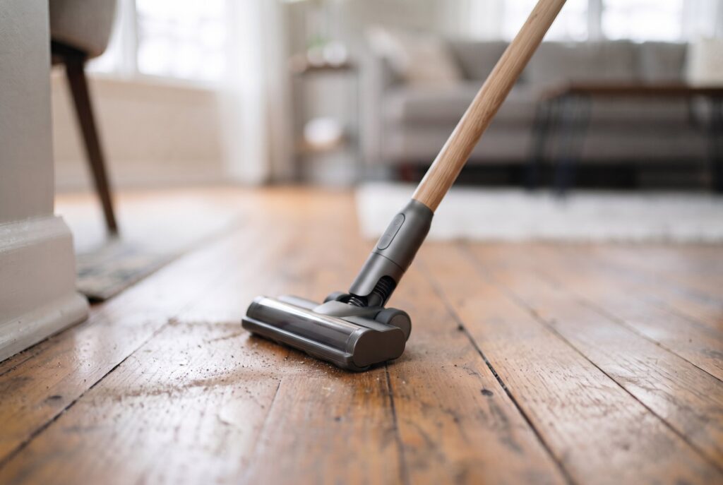 A vacuum cleaner nozzle cleaning debris from hardwood floor planks.