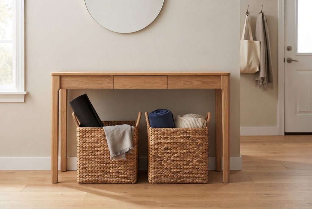 A wooden console table with two large woven baskets stored underneath. 