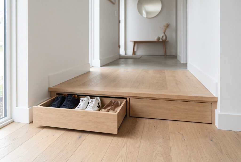 Custom wooden drawers built into a raised floor platform in a hallway, with one drawer pulled open to show shoes.