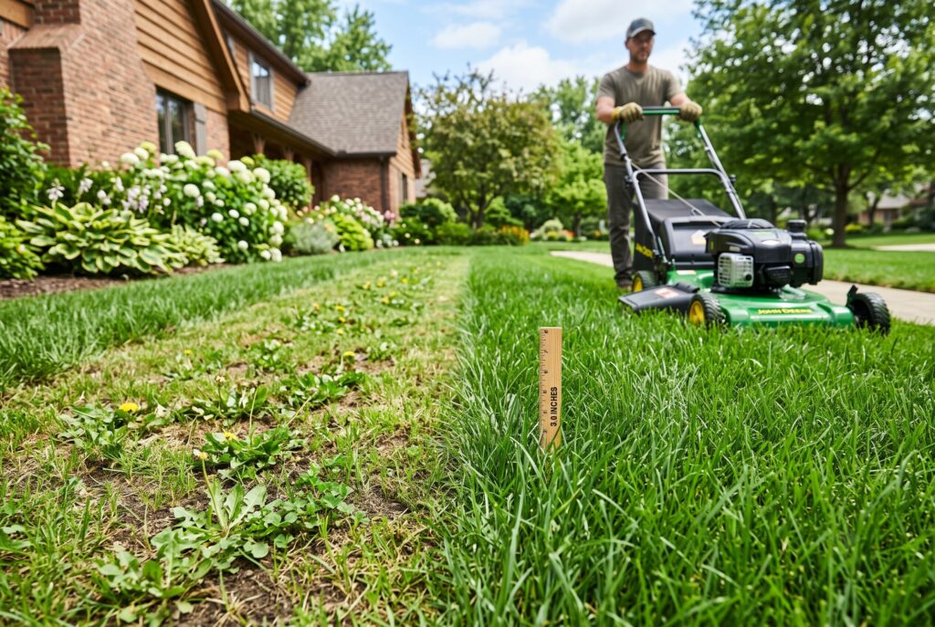 A man pushing a lawnmower across a tall green lawn with a wooden ruler measuring the grass height.