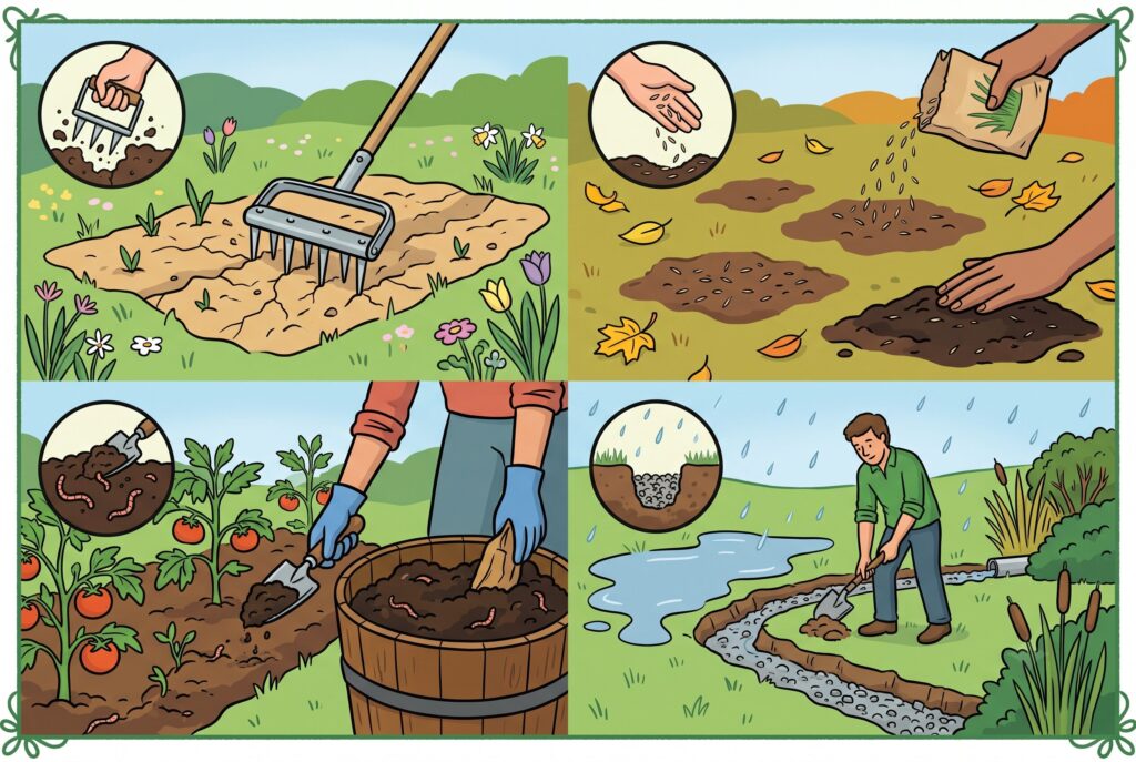Four illustrations showing soil care methods: aerating, overseeding, adding compost, and fixing drainage.