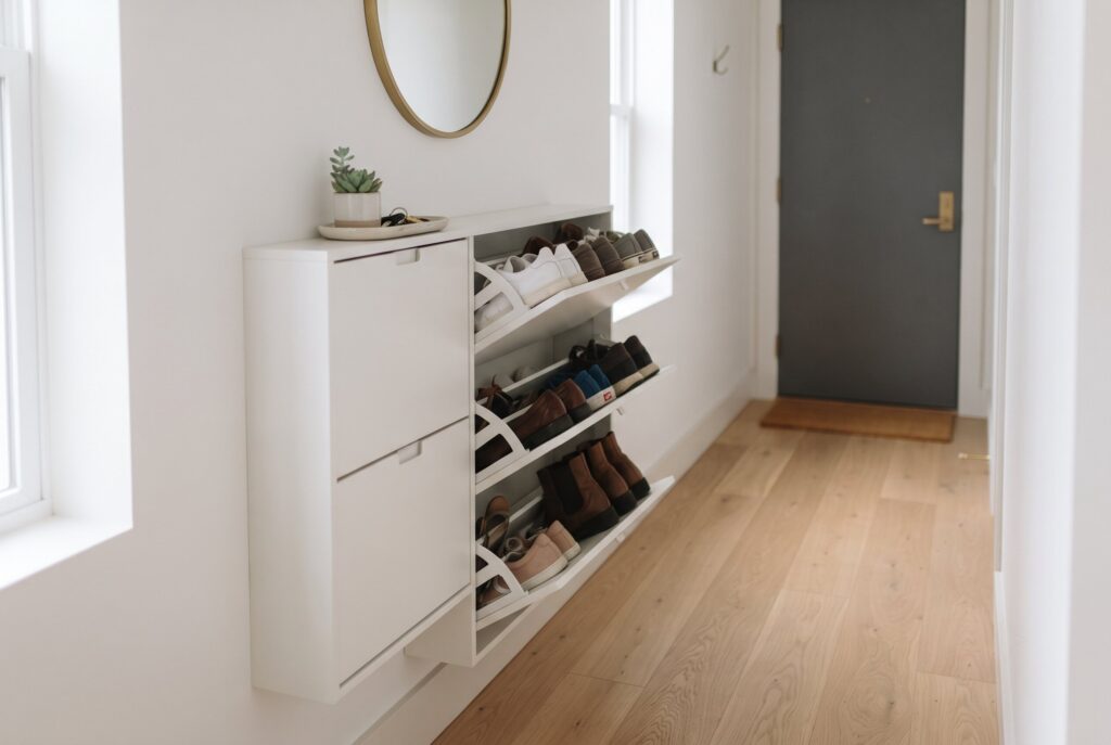 A narrow white tilt-out shoe storage cabinet in a hallway next to a dark front door. 