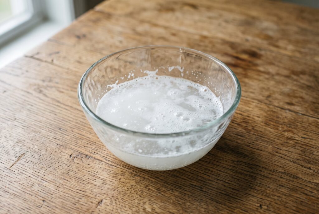 A glass bowl filled with a homemade DIY weed killer mixture.