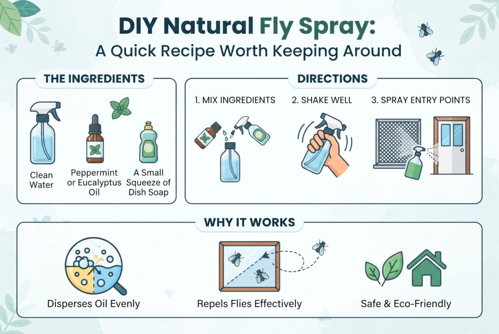An infographic detailing the ingredients and process for creating a homemade natural fly spray.
