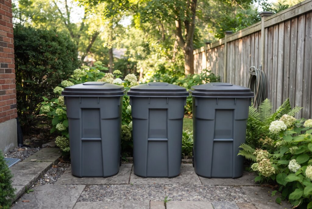 Three large, dark plastic garbage bins standing on a stone patio in a backyard setting.