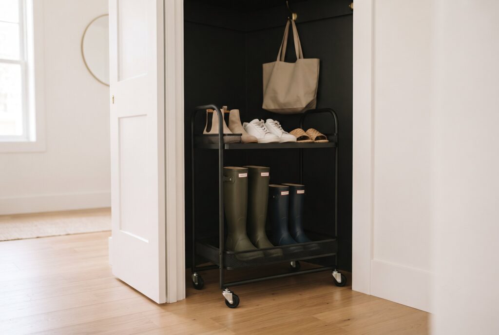 A black two-tier metal cart on wheels stored inside a closet, holding shoes and a tote bag.