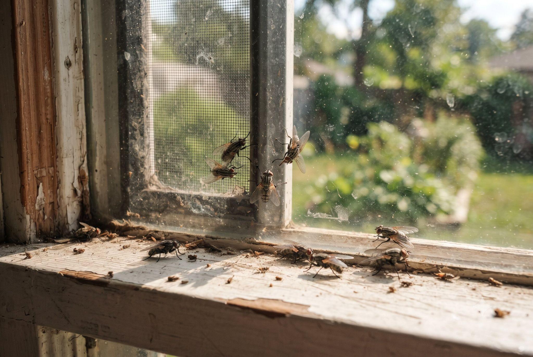 A group of houseflies gathers on the dusty wooden sill and screen of a neglected window. 