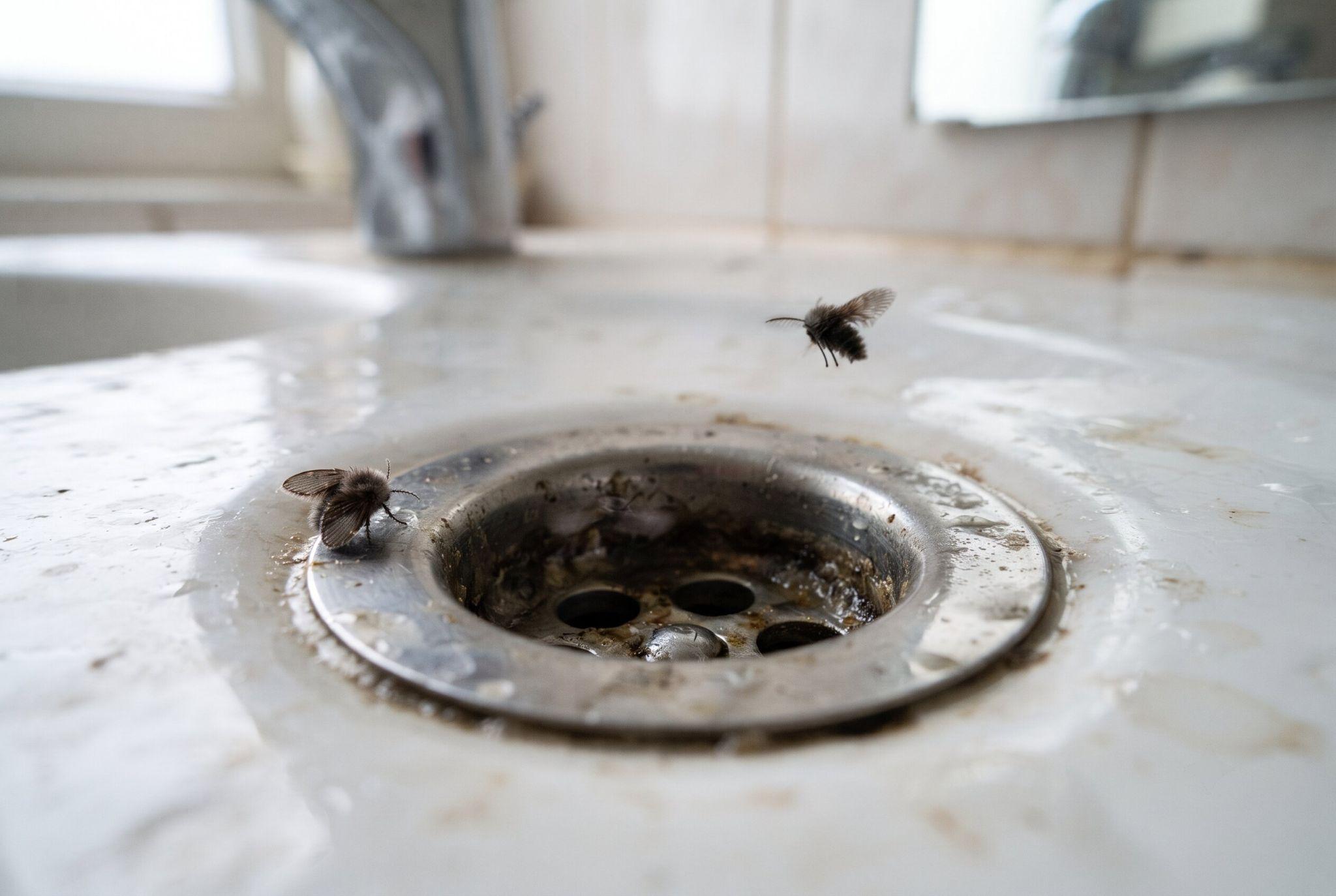 Two fuzzy drain flies on a grimy sink drain, one resting, one flying. 