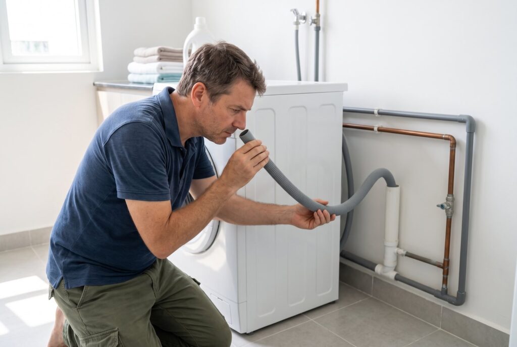 A man checking the flexible drain hose of a washing machine for odors.