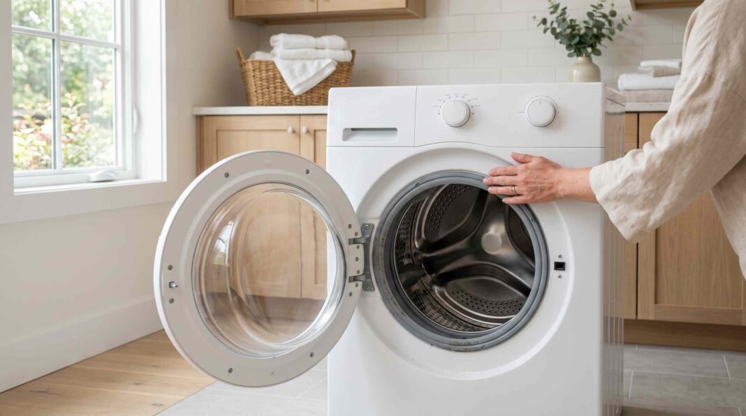 A person opening the door of a white front-load washing machine.