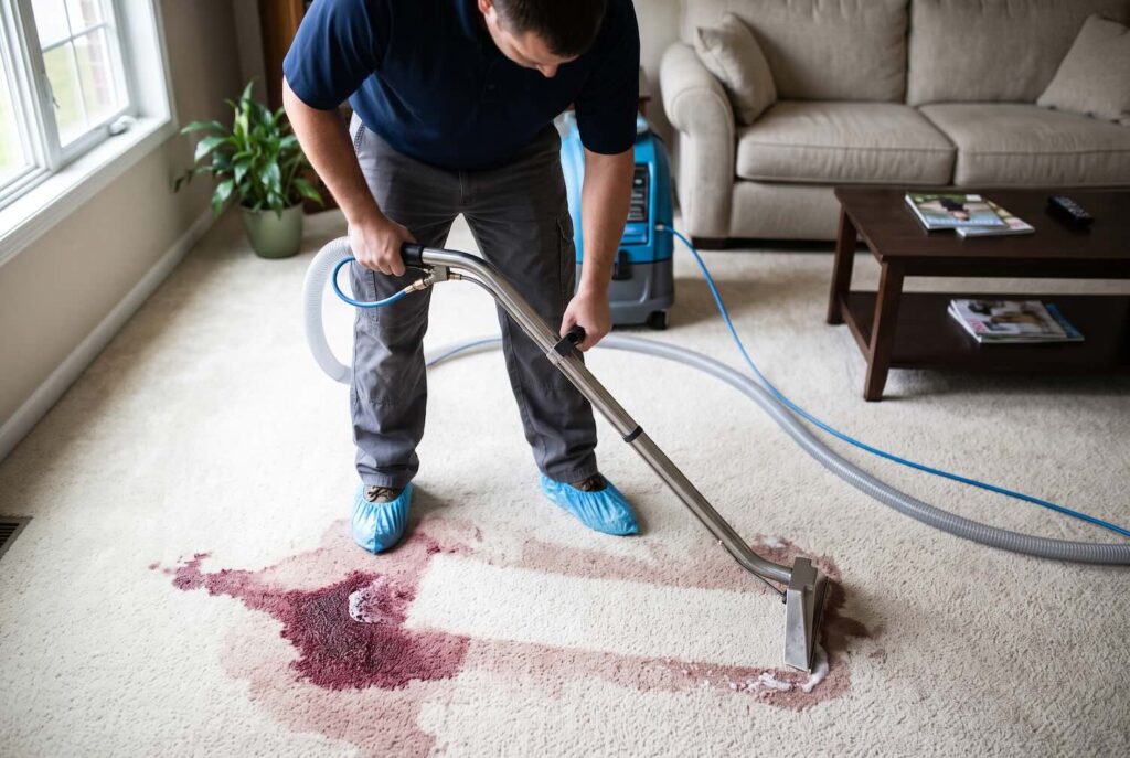 A professional carpet cleaner using a large extraction wand on a heavy red wine stain.