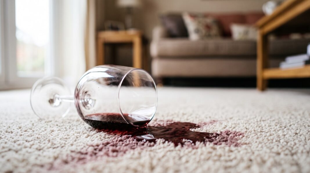 A spilled glass of red wine on a carpet.