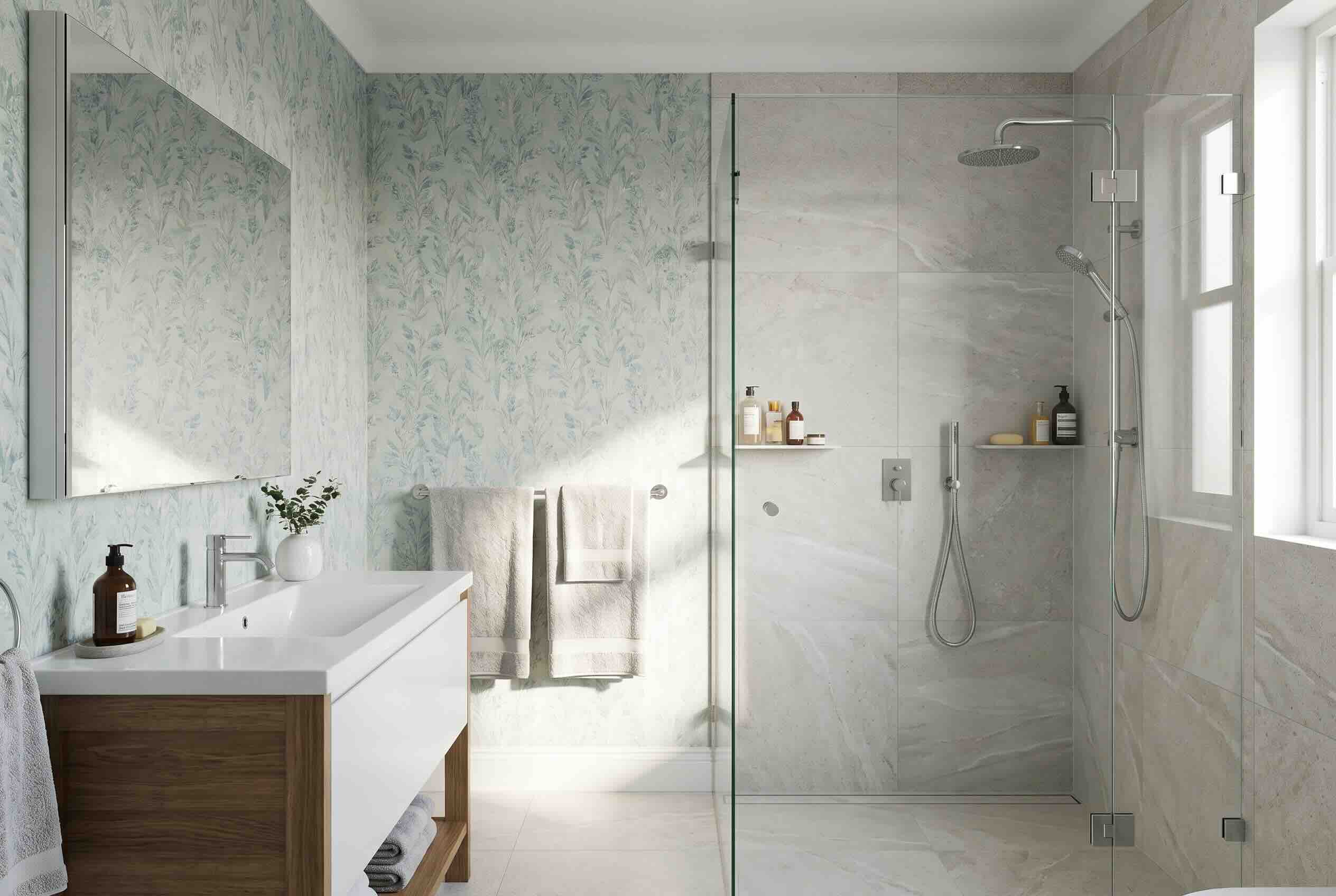 A well-ventilated bathroom featuring water-resistant peel and stick wallpaper on the vanity wall.