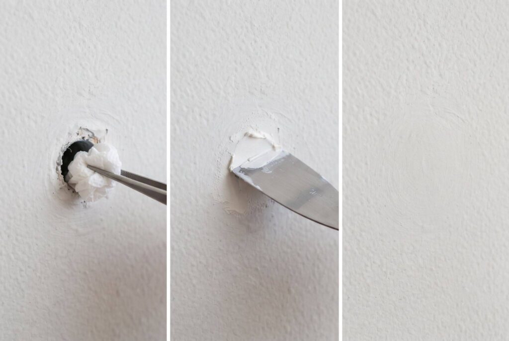 Three-step process: stuffing a hole with paper, applying filler with a putty knife, and a smooth finished wall.