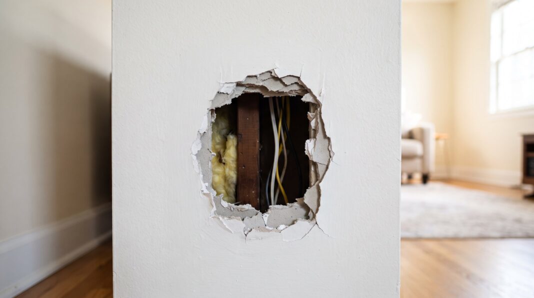 A large, jagged hole in a drywall surface revealing studs, insulation, and electrical wiring inside.