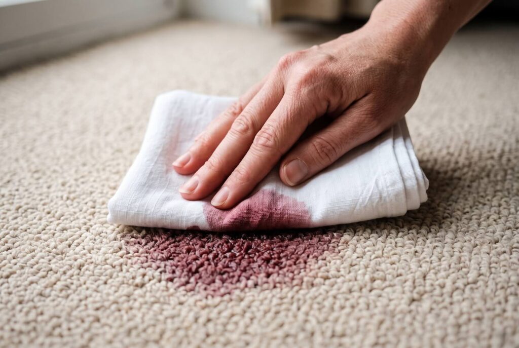 Blotting a fresh red wine spill with a clean white cloth.