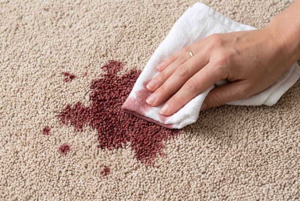 Blotting the diluted red wine stain from the outside in.