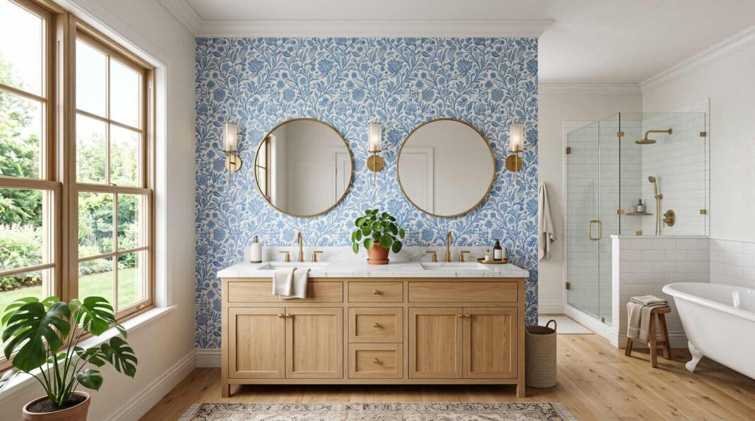 Blue floral peel and stick wallpaper installed behind a double vanity in a bathroom.