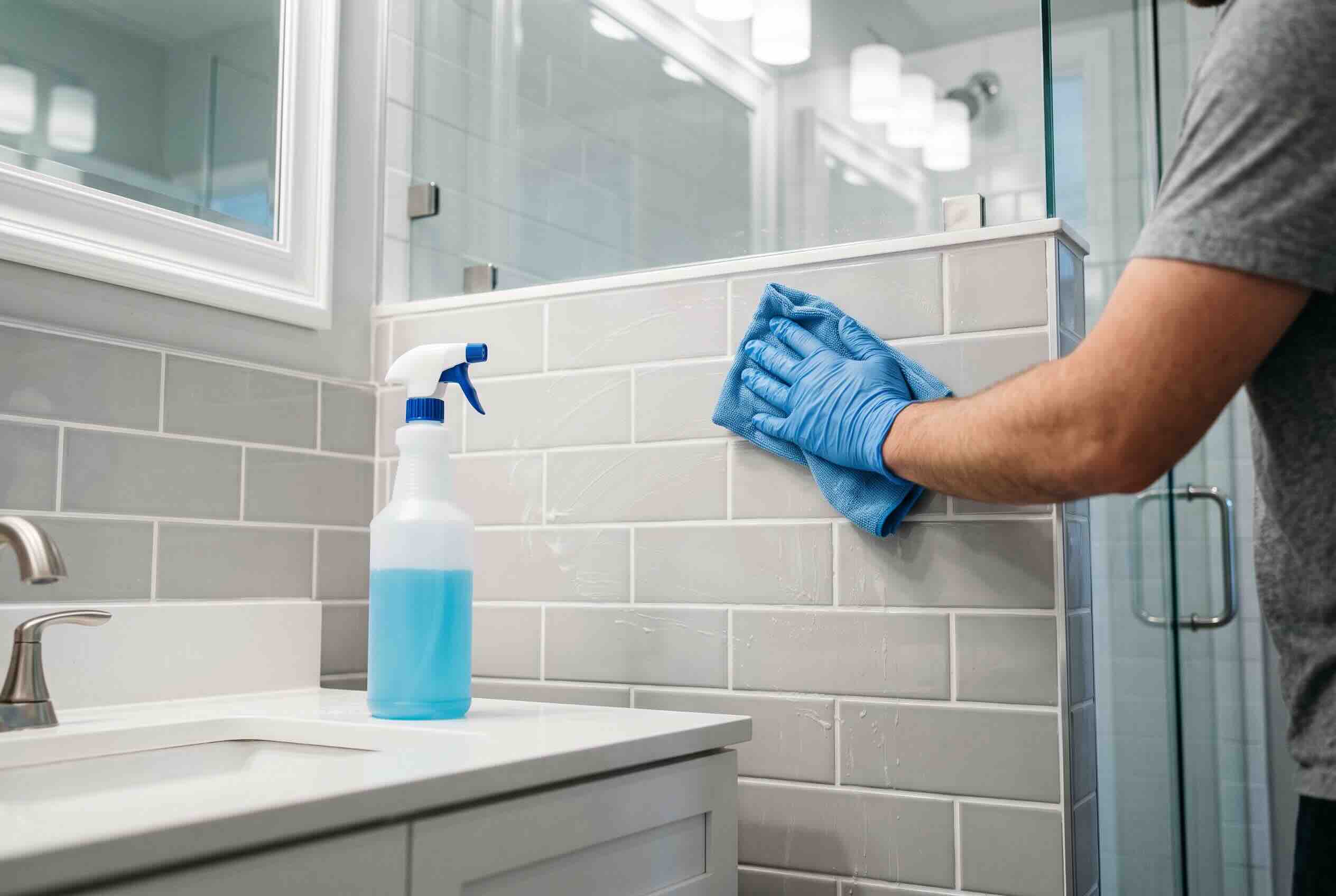 Cleaning the bathroom wall surface before applying peel and stick wallpaper.