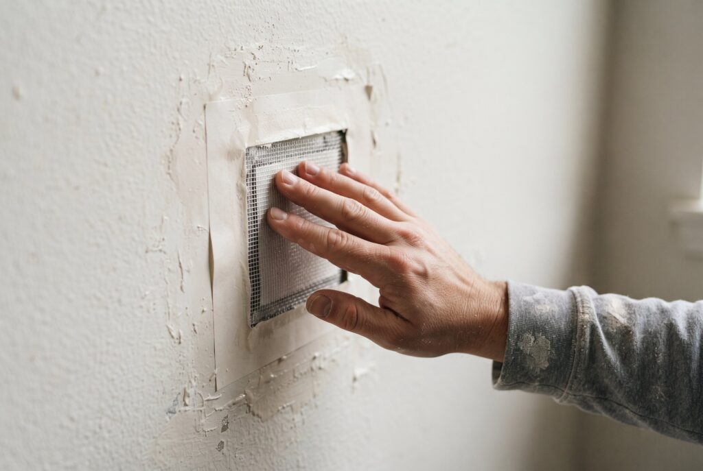 A hand pressing a drywall patch with a paper collar onto a wall hole.