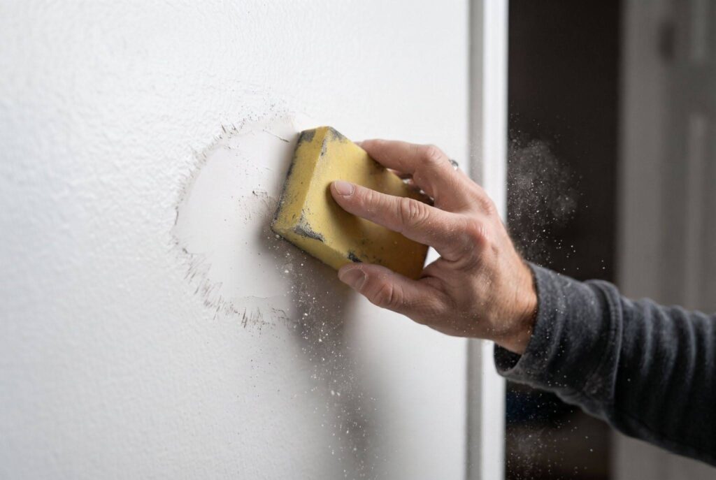 A hand using a sanding sponge to smooth a dried filler patch on a white wall.