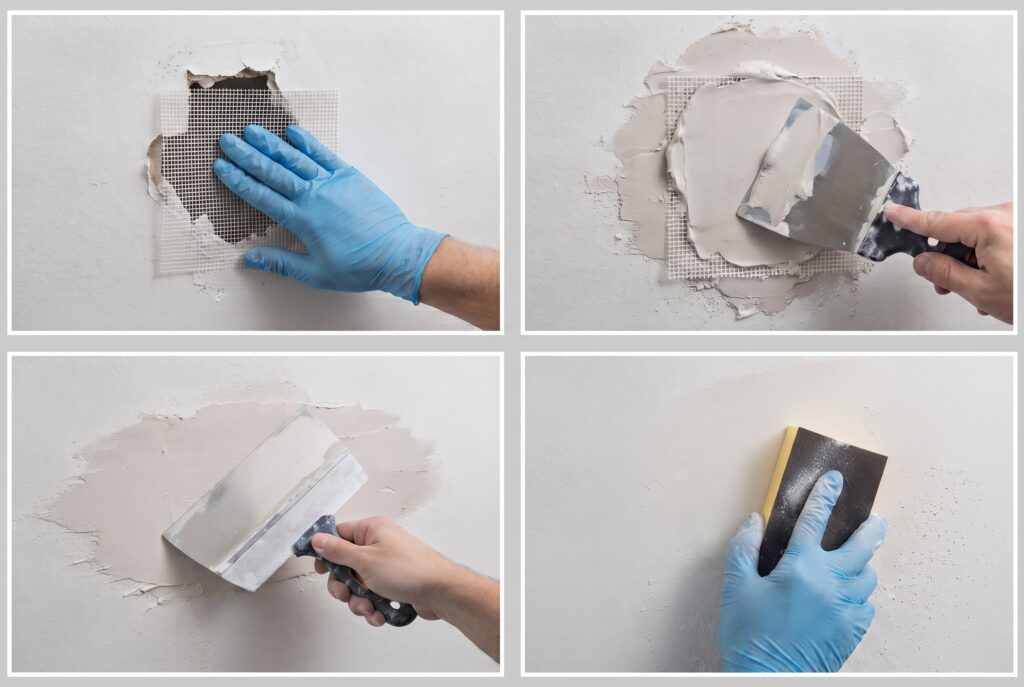 Collage of four steps showing the application of a fiberglass mesh patch and joint compound to a wall hole.