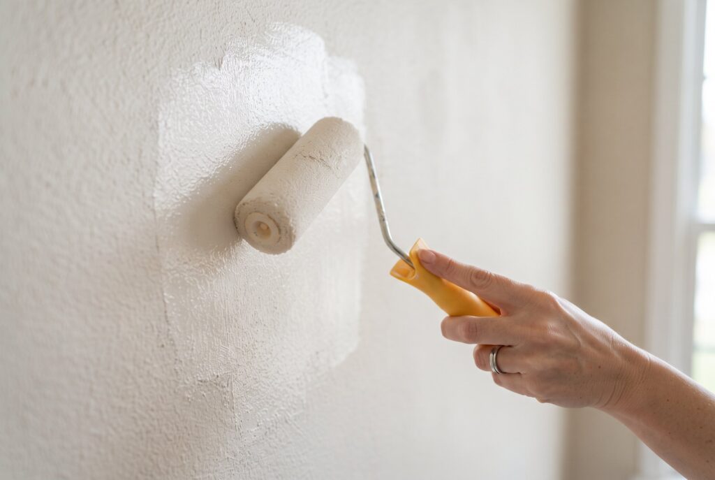 Using a small foam roller to apply primer and paint to a repaired wall patch for an invisible finish.