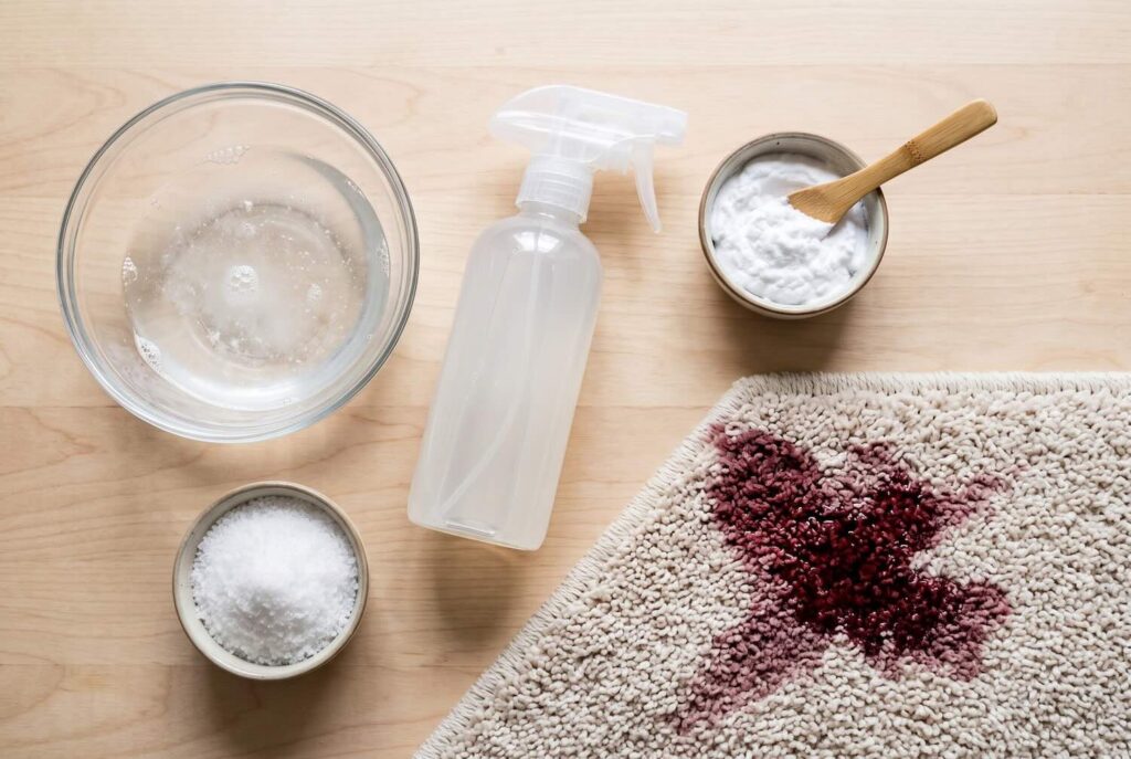 Household items like baking soda and white vinegar next to a wine stain.