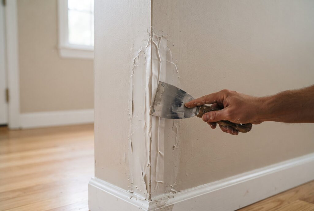 A person using a putty knife to apply joint compound to a repaired wall corner.