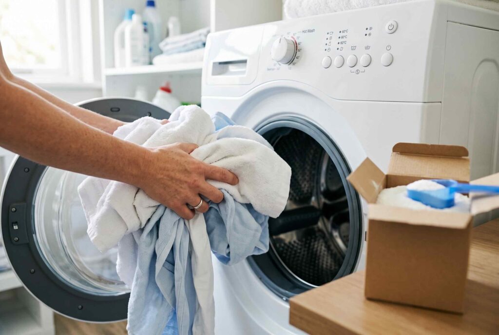 Loading a pile of laundry into a front-load washing machine.