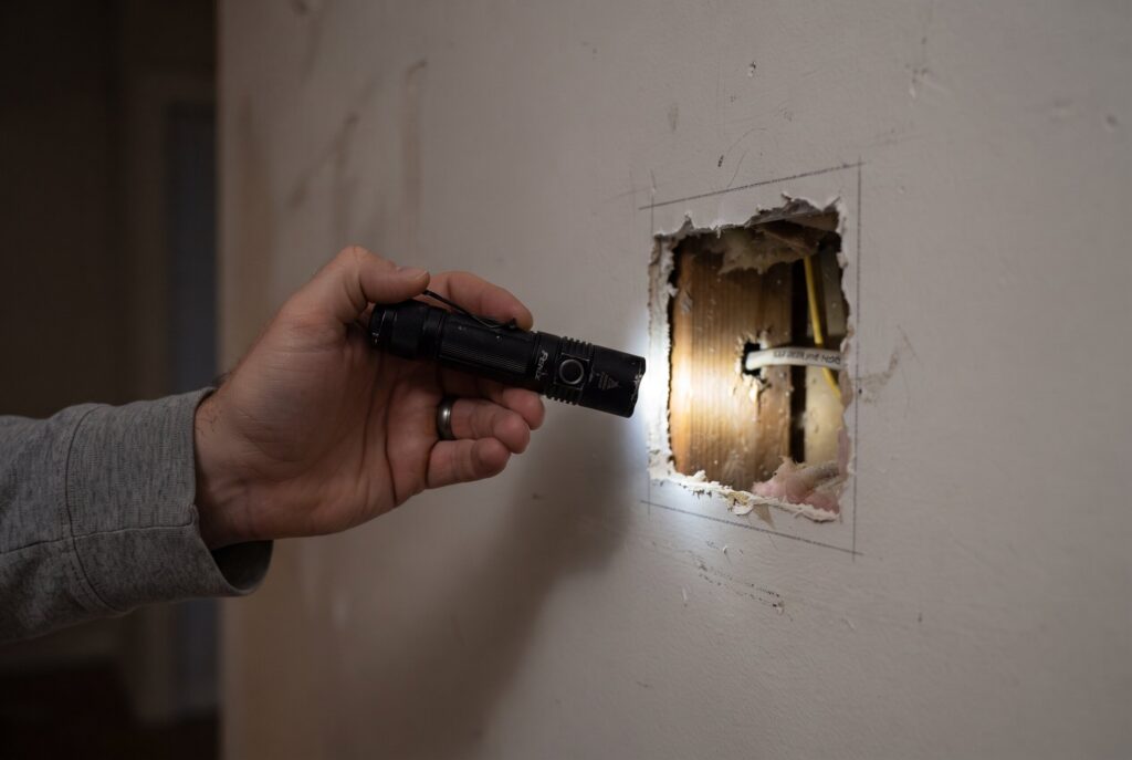A hand using a small flashlight to inspect the interior of a hole in a wall for wires or pipes.