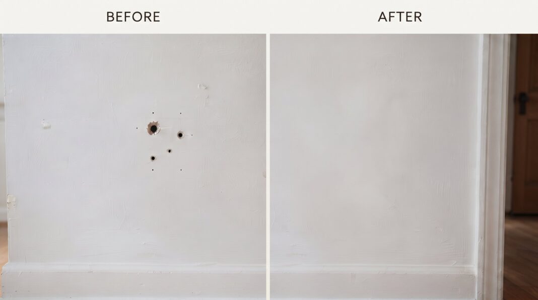 Comparison of a damaged wall with multiple holes before and after a professional repair.