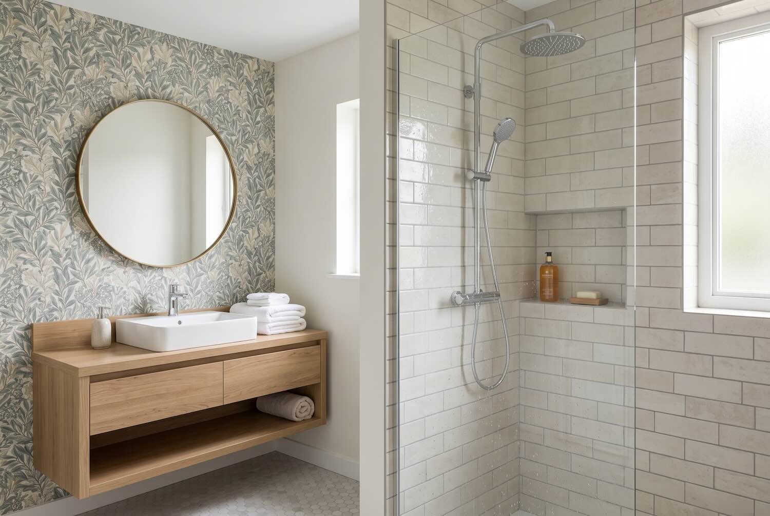 Peel and stick wallpaper safely applied in a humid zone outside the shower.